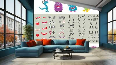 Make a monster icons set, with alient eyes, mouths, ears and horns, wings and hand body parts. Vector illustration Wall mural