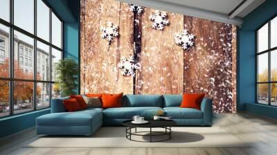 Christmas background with festive decorations and falling snow o Wall mural