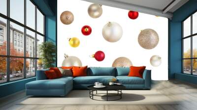 Christmas balls Pattern. Collection of Xmas baubles  isolated on white background. Top view Wall mural