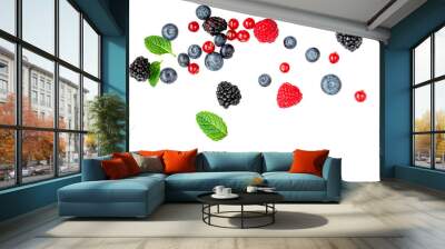 Falling wild berries mix isolated on white background, top view. Strawberry, Raspberry, Blueberry and Mint leaf. Wall mural