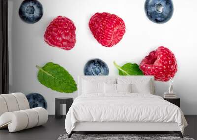 Various fresh berries isolated on white background, close up.  Mint, Raspberry and Blueberry. Wall mural