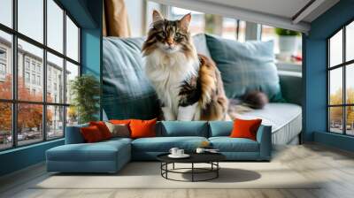 A cute pet Norwegian forest cat sitting on the sofa with a blurred background Wall mural