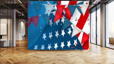 4th of July Independence Day weekend sale banner or header. USA national holiday design concept with a waving flag and confetti. Vector illustration. Wall mural