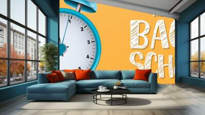 Back to school banner or header. Green chalkboard with wooden frame and lettering, alarm clock. 3d realistic vector illustration. Wall mural