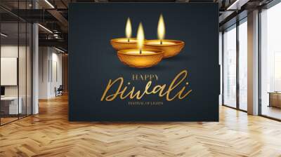 Happy Diwali - festival of lights banner or website header design. Indian traditional holiday background with Diya oil lamp and text typography on a black backdrop with golden hindu ornament. Wall mural