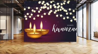 Happy Kwanzaa background design. Traditional holiday concept. Garland, black and pink backdrop, and white lettering. Vector illustration. Wall mural