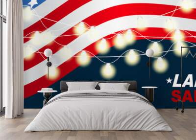 Labor Day sale banner or header with USA flag and garland made of glowing lights. Vector ilustration. Wall mural