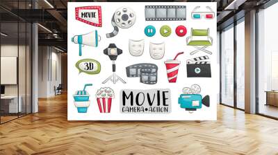 Movie cinema icons set. Colorful hand drawn doodle objects. Vector illustrator. Wall mural