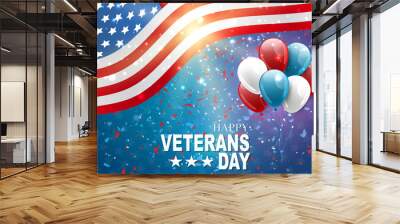 Veterans Day. Honoring all who served. American flag cover. USA National holiday design concept. A bunch of blue and red balloons and falling celebration confetti. Vector illustration. Wall mural