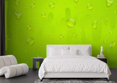 Water drops banner background. Rainfall over colorful glass surface. Green color drink beverage concept. 3d realistic vector illustration. Wall mural