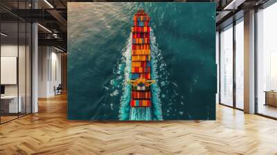 Aerial view from drone, Container ship or cargo shipping business logistic import and export freight transportation by container ship in the open sea, freight ship boat is horizontal AI Wall mural