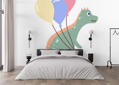 Dinosaur with balloons, birthday party. Hand-drawn cartoon animal character for children background. Vector isolated on white background	 Wall mural