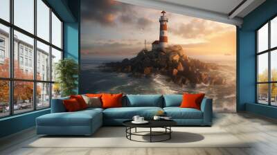  a lonely lighthouse stands on an island Wall mural