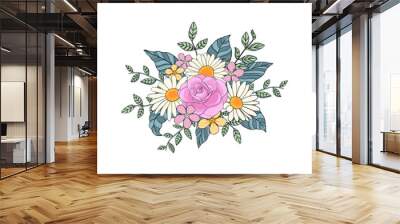 Hand drawn summer flowers bouquet with rose, daisies and wild plants for wedding invitation, birthday card or print. Wall mural