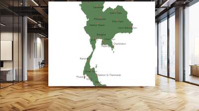 Hand drawn Thailand map with cities. Silhouette, South East Asia geography. Bangkok, Chiang Mai, Phuket. Vector isolated on white background Wall mural