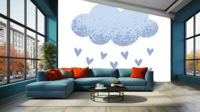 Blue cloud with hearts in a naive children's style. Autumn colored illustration. Cloud in cold pastel colors. Clipart for the design of greeting cards, invitations, prints, stickers and patterns. Wall mural