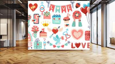 Set of illustrations for Valentine's day. Flat cartoon design of graphic elements. Clip arts for greeting card, invitation, print, sticker. Illustration for birthday, mother's day and woman's day.	 Wall mural