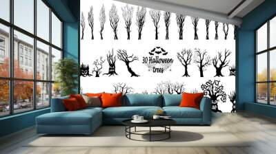 Set of spooky Halloween tree cartoon. Spooky trees silhouette collection of Halloween vector isolated on white background. scary, haunted and creepy curly plant element. Wall mural