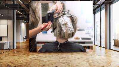 Master hairdresser in beauty salon coloring young woman's hair using aluminum foil. Selective focus Wall mural