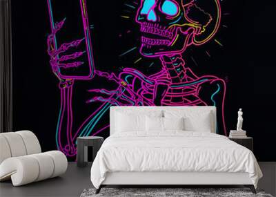 Colorful neon human skeleton looking at mobile gadget, online dependency and smartphone addiction concept, isolated on black background
 Wall mural