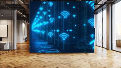 Glowing blue Wi-Fi symbols on a digital grid. Data sharing, connection, and communication concept background with copy space Wall mural