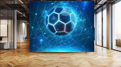 Neon soccer ball with digital network above Earth in outer space. Futuristic global sports and technology concept background with copy space Wall mural