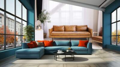 Minimalist living space leather couch big windows  Wall mural