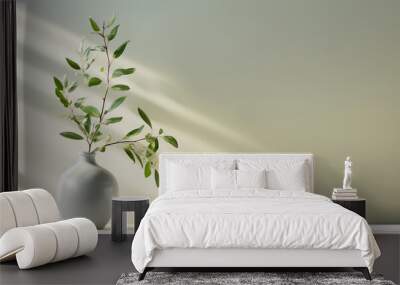 Minimalistic light background with a ceramic vase with the plant and blurred foliage shadow on a light wall. Generated AI. Wall mural