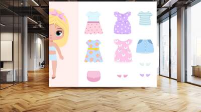 Paper doll clothes. Baby doll with dress. Cute girl clothes. Vector illustration isolated on white background. Clothes set, collection. Dress up, cutouts, game, play, toy for children.. Stickers  Wall mural