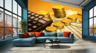 Closeup of a calculator with dollar bills and coin stacks on the table - concept of investment Wall mural