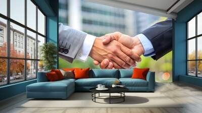 Two business partners shaking hands in office concept AI generated Wall mural