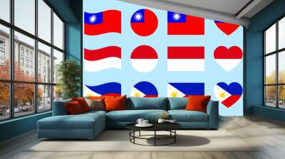 Taiwan, Indonesia, Philippines flag vector illustration. Indonesian, The Philippines, Taiwanese official flags icons. Asian states geometric symbols shapes set for travel, patriotic, sport designs Wall mural