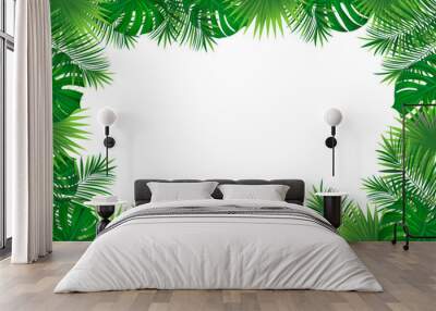 tropical rainforest border frame. Amazon foliage vector background with exotic tropic leaves, jungle plants and grass. Summer, travelling vacation card for textile print, invitation and promo designs. Wall mural