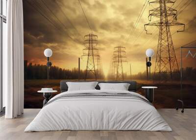  high-voltage power lines at sunset. electricity distribution station. high voltage electric transmission tower. Wall mural