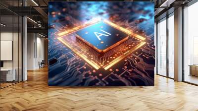 3D render AI artificial intelligence technology CPU central processor unit chipset on the printed circuit board for electronic and technology concept select focus shallow depth of field Generative AI Wall mural