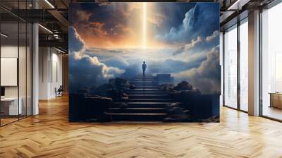 3D rendering of a silhouette going up to heaven among the clouds Wall mural