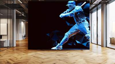 Abstract silhouette of a baseball player on blue background. Baseball player batter hits the ball.  illustration, Generative AI Wall mural