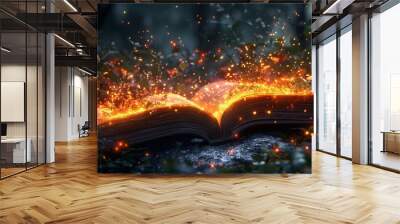 An open magic spell book with glowing pages Wall mural