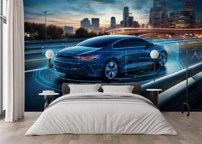 Autonomous self driving electric car change the lane and overtakes city vehicle Wall mural