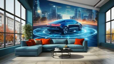 Autonomous self driving electric car change the lane and overtakes city vehicle Wall mural