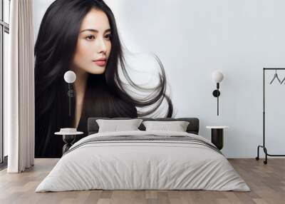 Beautiful young asian model advertising long black hair. Advertising design for cosmetics, beauty salon. Banner. Generative Ai content. Wall mural