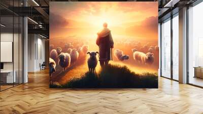 Biblical illustration of Jesus as a shepherd., Generative AI Wall mural