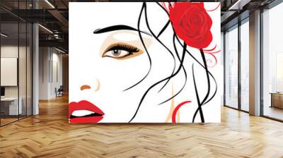 Portrait of beautiful woman with red rose in hair Wall mural