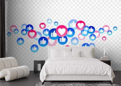 Blue, red bubble with thumb up like, heart for live stream video chat background. Web botton social media isolated. Network symbol content. Vector flat design tamplate illustration Wall mural