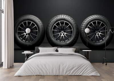 Car Wheels. Concept design. 3D render Illustration on Dark Background. Wall mural