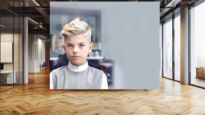 Child haircut salon. Portrait of happy child with beautiful haircut on gray background. Close-up. Generative Ai content Wall mural