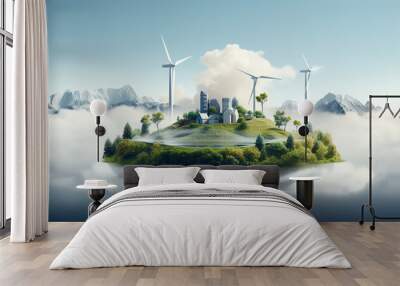 City on island floating in water. Global warming Wall mural