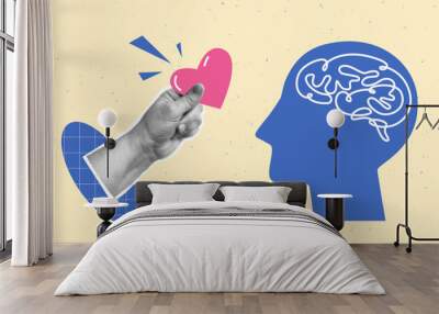 Collage of mental health concept with halftone hand, heart and human head with brain. Mental health, mental well-being and wellness, inspiration vector modern illustration. Design element for poster Wall mural