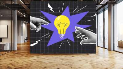 Collage with halftone hands and light bulb. Creative idea generation or brainstorm concept vector pop art retro style illustration. design element for infographic, poster, website Wall mural