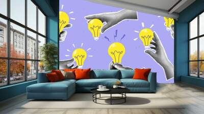 Collage with set of halftone hands and light bulbs. Creative idea generation or brainstorm concept vector pop art retro style illustration. design element for infographic, poster, website Wall mural